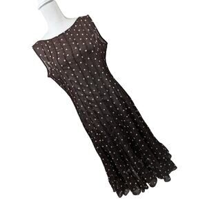 DRESS BARN! FLOUNCE RUFFLE HEM, SHEER BROWN, CREAM DOTS DRESS! MICRO-PLEATS!SZ 8